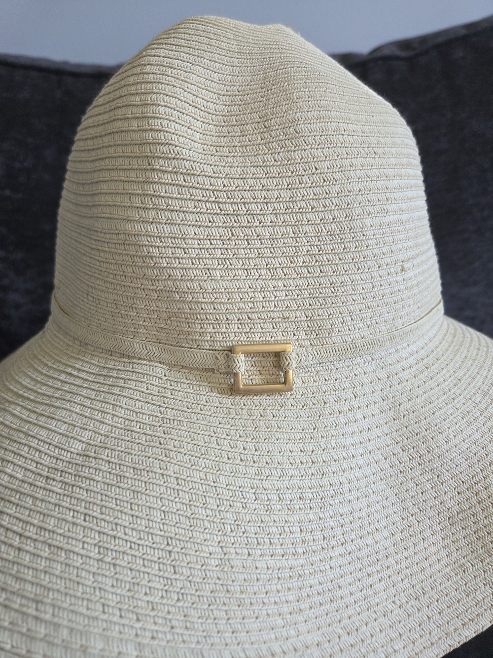 Vintage Liz Claiborne Cream Straw Sun Hat with Gold Buckle Accent